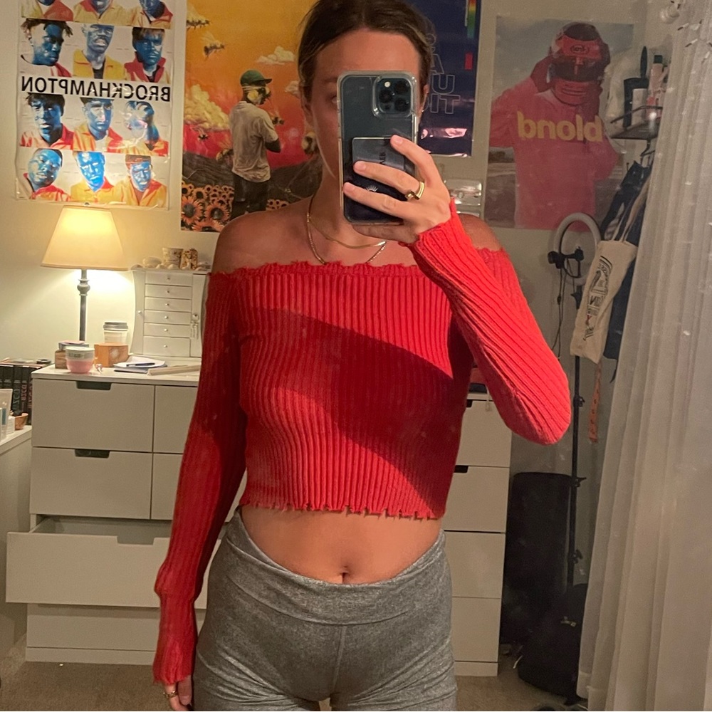 Orange Off-Shoulder Long Sleeve Crop Top